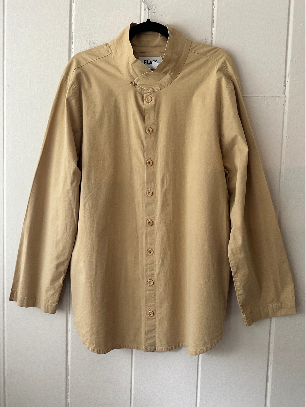 FLAX Tan Mandarin Collar Oversized Shirt Button Up Lagenlook Blouse Size Medium